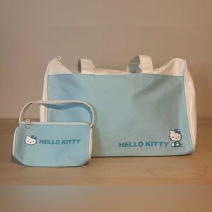 HELLO KITTY Small Blue & White Travel Duffle + Matching Pouch Set